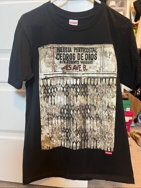 Supreme Black Tee with Distressed Gate Graphic